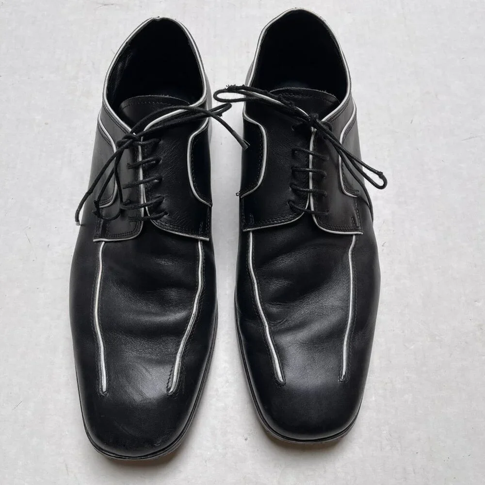 Valentino Mens Sz 12 Oxford Dress Shoes Black Leather White Trim Lace Up Wedding